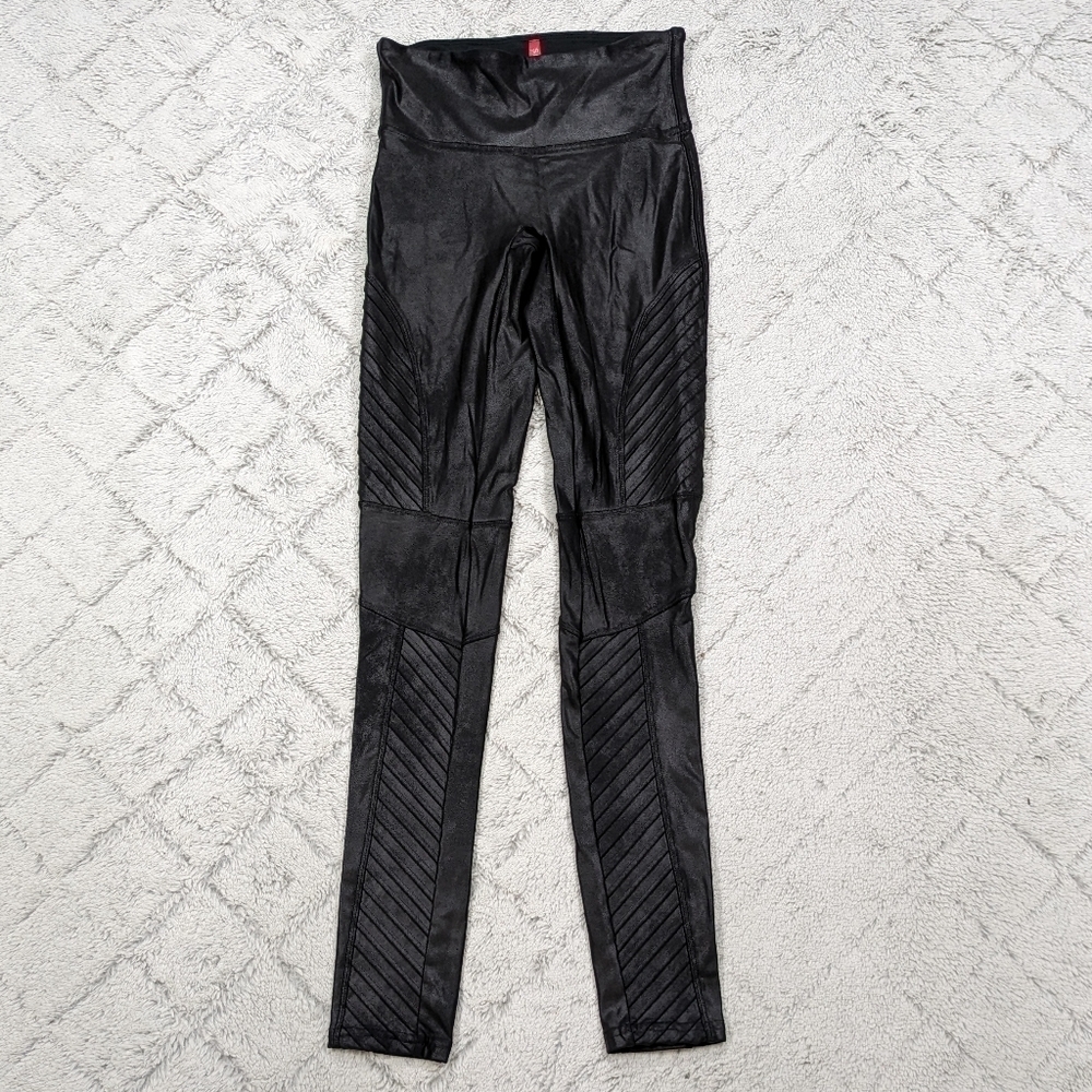 Spanx Leggings Women's Small P Black Faux Leather Moto Shaping 28”